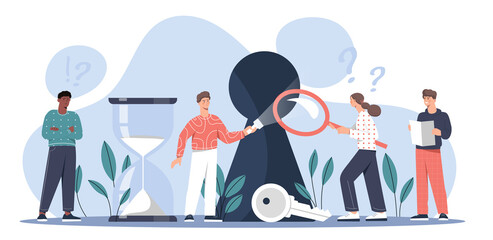 Quest game concept. Men and girls try to solve puzzle together. Modern entertainment for friends, active lifestyle. Creative personalities and brainstorming. Cartoon flat vector illustration © Rudzhan