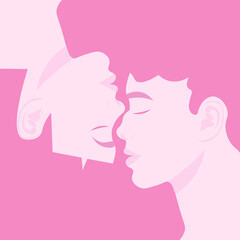 Female faces in profile, turned to each other. Lesbian love. Flat conceptual vector illustration. face to face, facing