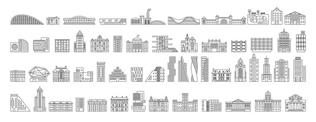 Building icons in linear style. Vector outline illustration. Urban minimalist symbols. Abstract city in flat style. Museum, school, factory, government, hospital, library, business center, university.