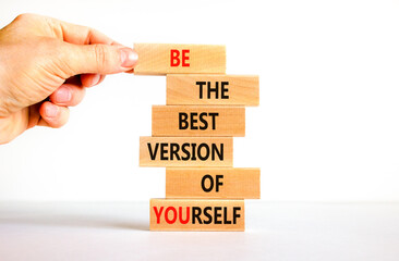 Motivational and inspirational symbol. Wood blocks with words Be the best version of yourself. Beautiful white background Businessman hand. Business motivational and inspirational concept. Copy space.