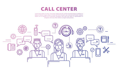 Call center concept in thin flat, linear style. 