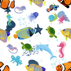 Fototapeta premium Marine life, fish, animals bright seamless pattern. sea travel, underwater diving animal tropical fish. Jellyfish, whale, shark, seahorse, clown fish, dolphin, turtle, emperor