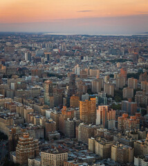 Beautiful aerial view of the manhattan skyline at sunset, New York city