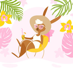 Cute rabbit wearing sunglasses sitting on beach chair with drink. Bunny character flat illustration. The year of the rabbit, symbol of 2023