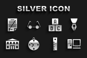 Set Clock, Fountain pen nib, Computer monitor, Ruler, School building, ABC blocks, Exam paper with incorrect answers and Glasses icon. Vector