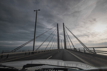 POV from a car driving through skane bridge, connecting link between copenhagen and malmo with a motorway.