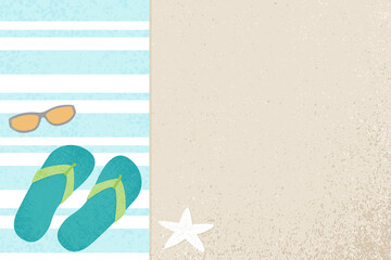 A pair of flip flops and sunglasses on a beach towel, in a cut paper style with textures
