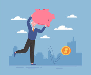 Poor retiree concept. Elderly character with piggy bank chasing coin. Improper distribution of funds and small pension. Sad man waiting for support from state. Cartoon flat vector illustration