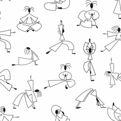 Yoga poses black and white monochrome pattern on white background. Sutable for different types of design.