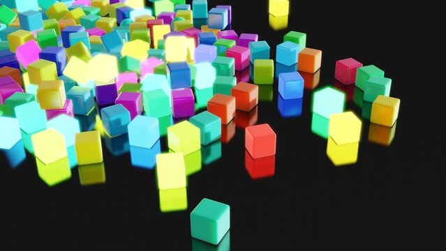 Abstract garland of multicolored glow cubes lay on plane. 3d render abstract looped christmas background with garland cubes. Festive bright beautiful bg. Festive toys cubes on plane