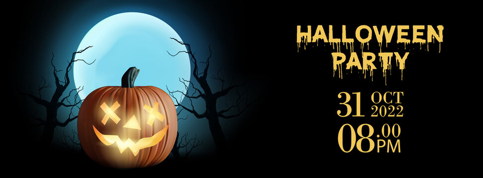 Halloween party poster . pumpkin on the moon . banner . linkedin cover, Facebook cover, instagram post