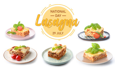 Plates with tasty traditional lasagna on white background. Celebration of National Lasagna Day