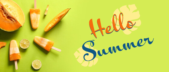 Tasty melon ice cream with text HELLO SUMMER on green background