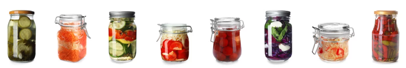 Photo sur Plexiglas Légumes frais Set of jars with canned vegetables on white background