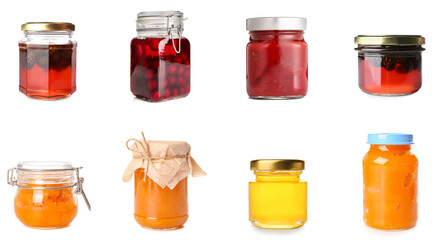 Set of jars with sweet jams and honey on white background