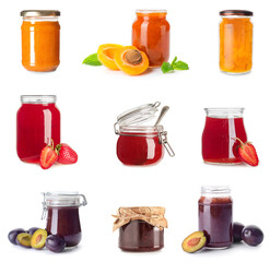 Set of jars with sweet jams on white background
