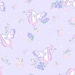 Girl with flowers seamless repeat pattern