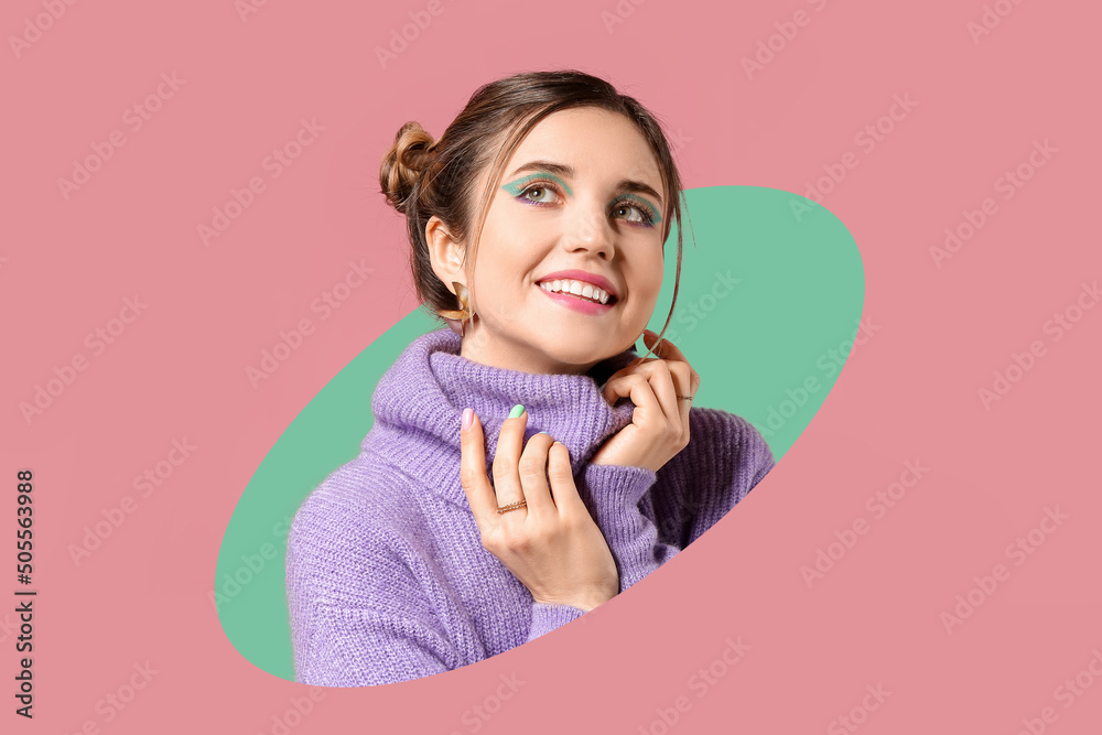 Poster beautiful young woman with stylish makeup and manicure on pink background