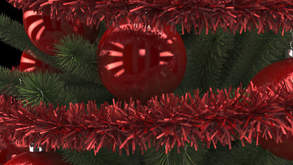 Part of a Christmas tree with a red ball toy and red tinsel