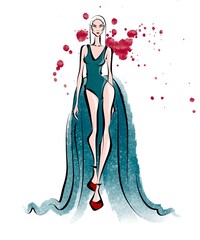 Bright fashion sketch of a blonde model in a long blue dress.