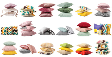 Set of many soft pillows isolated on white