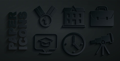 Set Clock, Briefcase, Graduation cap in speech bubble, Telescope, School building and Medal icon. Vector