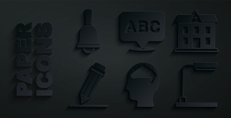 Set Human brain, School building, Pencil with eraser, Table lamp, Alphabet and Ringing bell icon. Vector