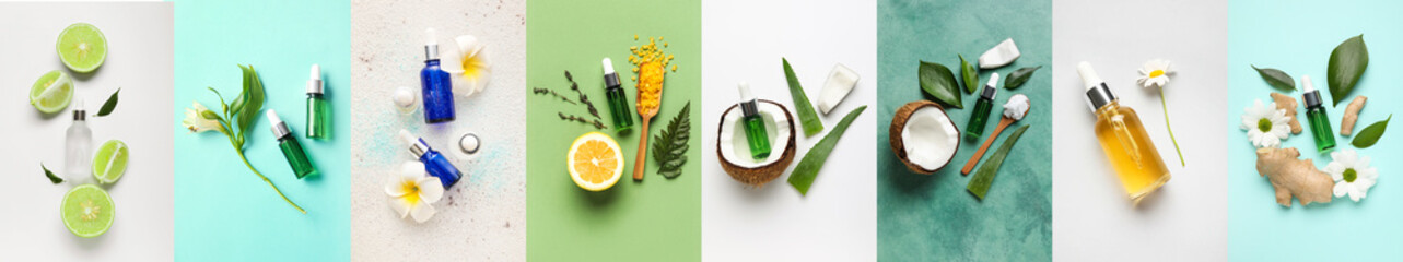 Set of natural essential oils and ingredients on colorful background