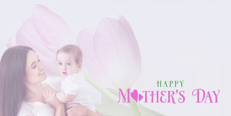 Beautiful greeting card for Mother's Day with young woman, her little baby and tulip flowers on white background