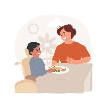 Independent eating skills isolated cartoon vector illustration. Daycare center for kids with disabilities, teach self-feeding, disabled child learn independent eating, education vector cartoon.