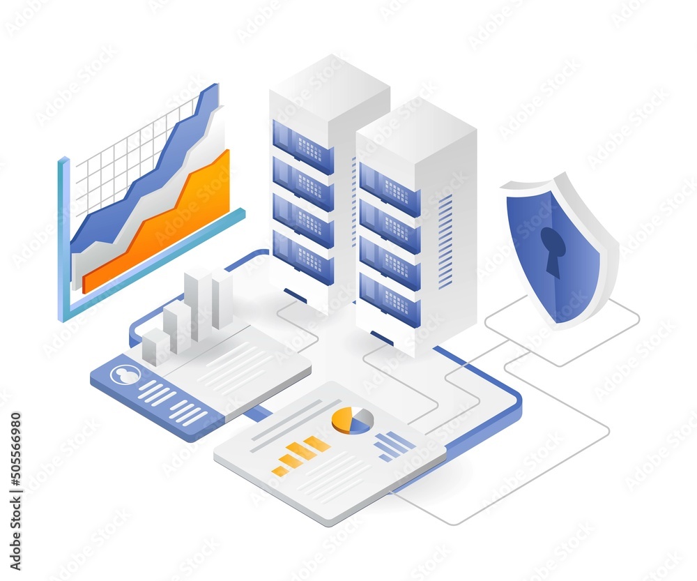 Aufkleber flat isometric illustration concept. server data security analysis
