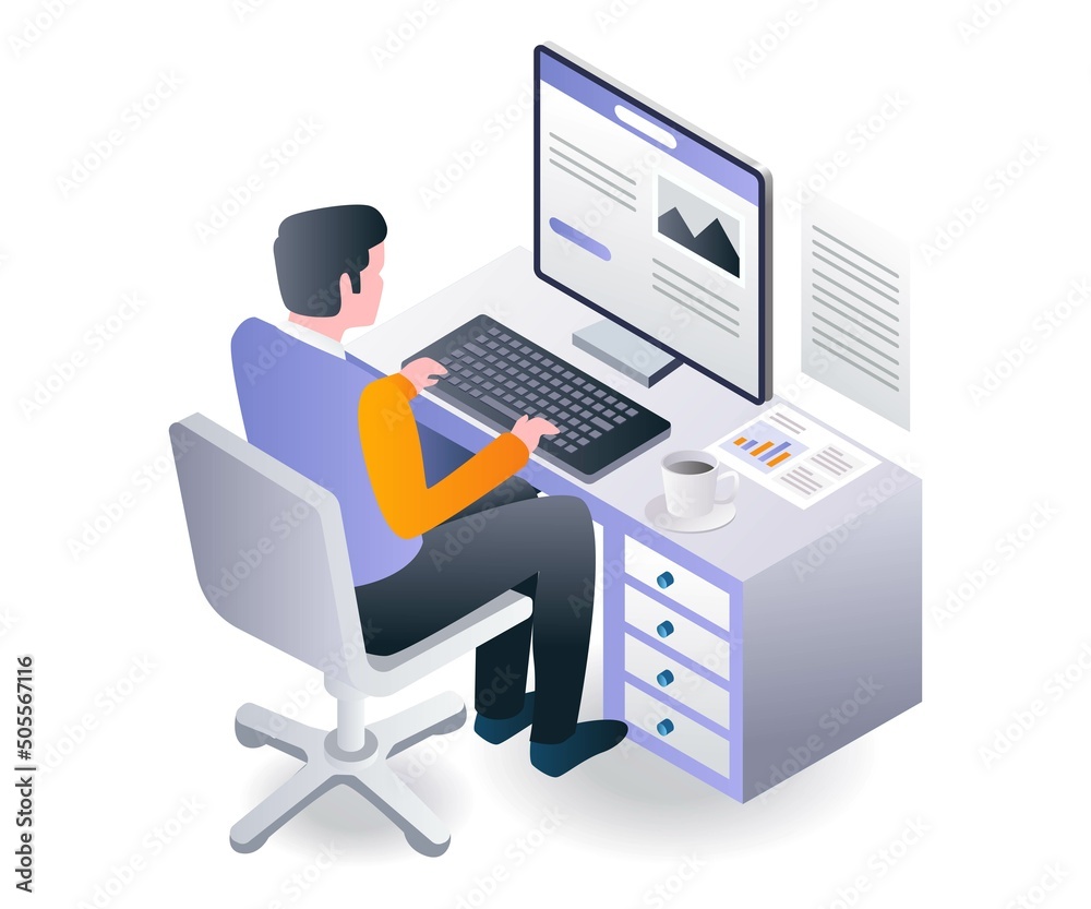 Poster flat isometric illustration concept. man working on computer