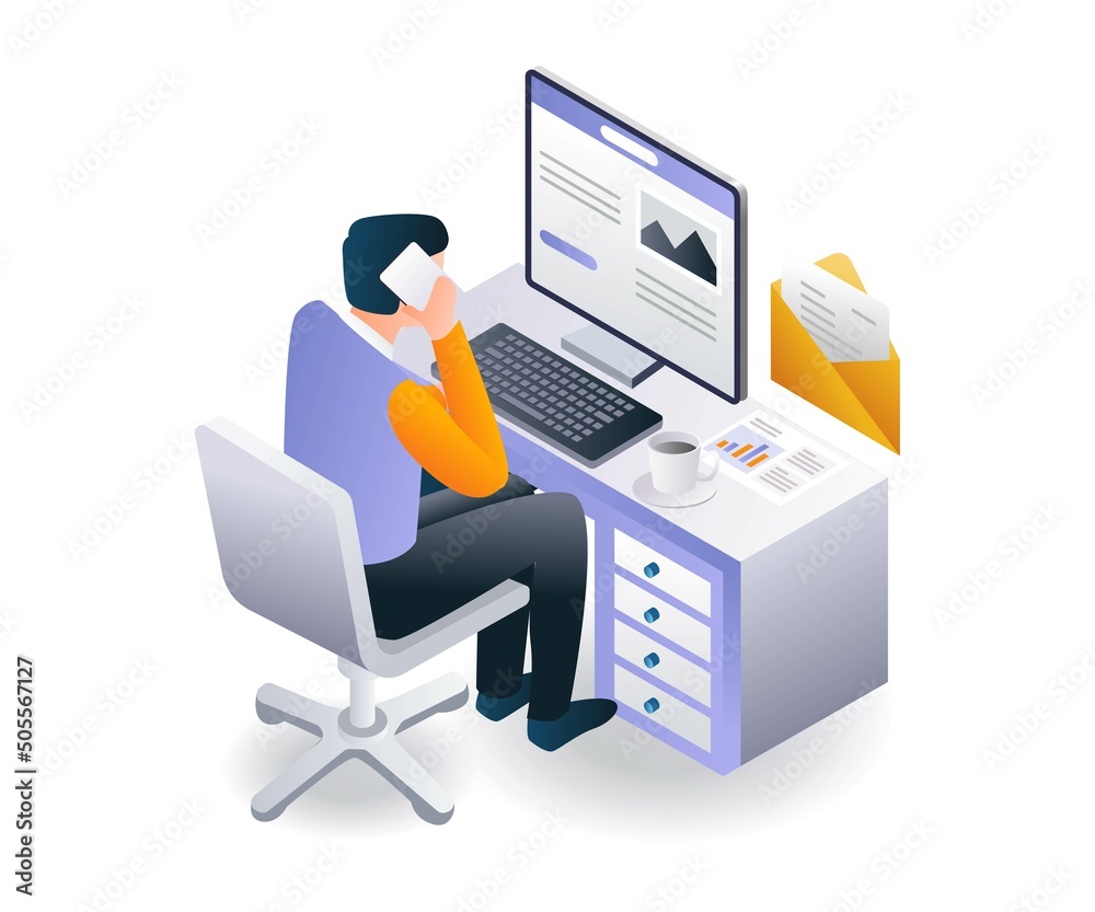 Poster flat isometric illustration concept. man on the phone in front of the computer