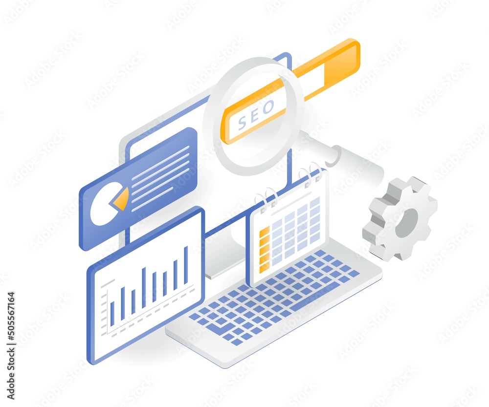 Aufkleber flat isometric illustration concept. web seo optimization analysis