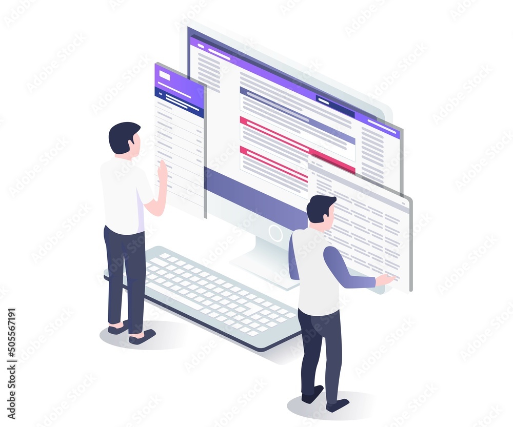 Poster Flat isometric illustration concept. two men working analyzing data on a computer