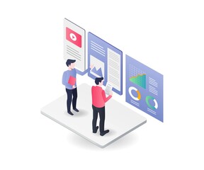 Flat isometric illustration concept. two people control the data analysis monitor