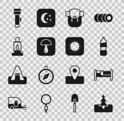 Set Tree, Bed, Bottle of water, Hiking backpack, Mushroom, Camping lantern, Flashlight and Sun icon. Vector