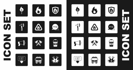 Set Fire protection shield, flame in triangle, Firefighter axe, Burning match with fire, Emergency call, bucket and Megaphone icon. Vector