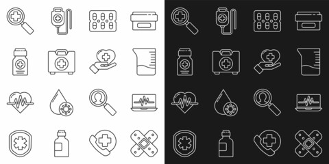 Set line Crossed bandage plaster, Laptop with cardiogram, Measuring cup, Pills blister pack, First aid kit, Medicine bottle, Magnifying glass for search medical and Heart cross icon. Vector