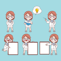 Occupation Doctor woman worker profession cartoon character design vector set.