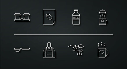Set line Coffee cup to go, filter holder, Electric coffee grinder, bean, branch, Barista, poster, and heart and Bottle with milk icon. Vector