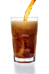Carbonated drink pour into glass on white background