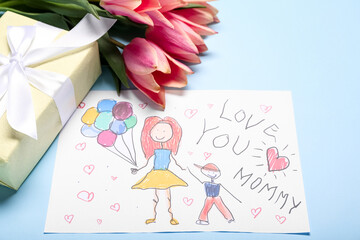 Picture with text LOVE YOU MOMMY, tulips and gift box on blue background, closeup