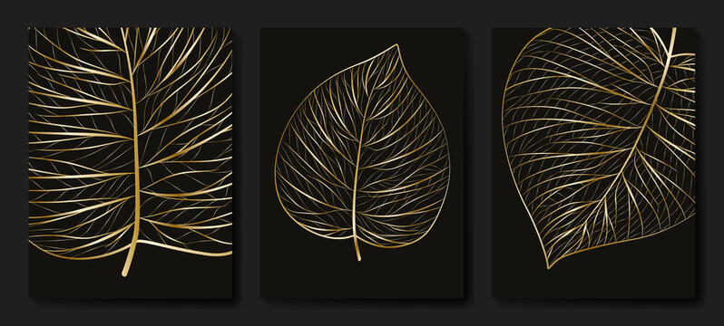 Luxury dark art background with eucalyptus leaves in golden art line style. Botanical set of prints for interior design, decor, invitations, wallpapers