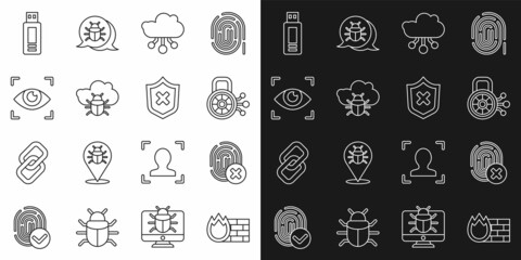 Set line Firewall, security wall, Cancelled fingerprint, Cyber, Internet of things, System bug on cloud, Eye scan, USB flash drive and Shield with cross mark icon. Vector