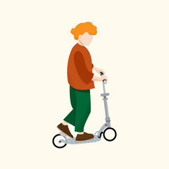 child with scooter. cute red-haired boy rides a scooter. illustration