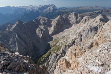 Mountain landscape with rocky passage through mountain massif, Dolomites, Trentino-Alto Adige,...