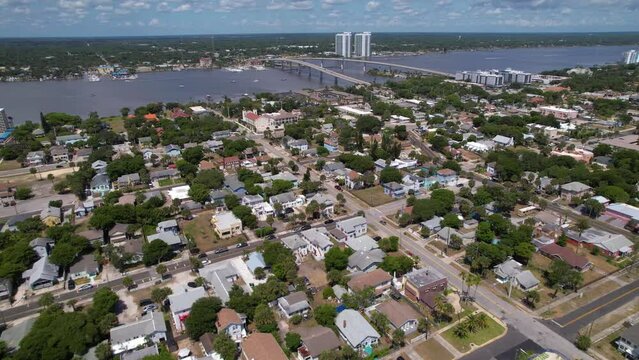 Aerial drone footage over Daytona Beach, Florida