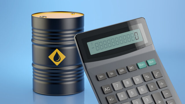 Barrel with oil and calculator on blue background. Oil market concept,  3d illustration