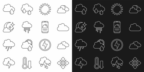 Set line Snowflake, Cloud, Sun, with rain, moon, and Weather forecast icon. Vector
